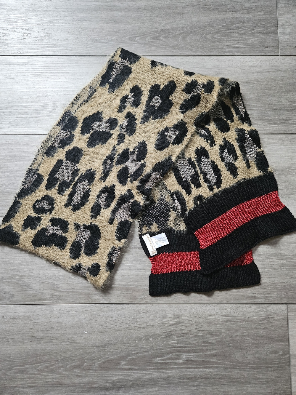 Leopard Print Knit Scarf with Red Trim - Women’s Fashion Wrap